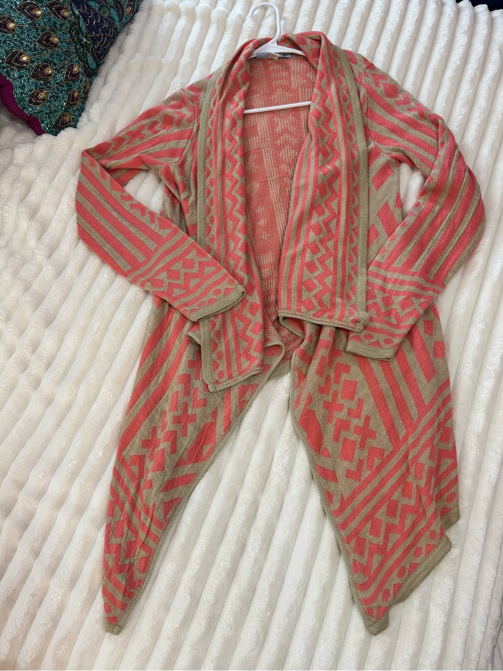 Coral and Cream Patterned Open-Front Women's Sweater Cardigan